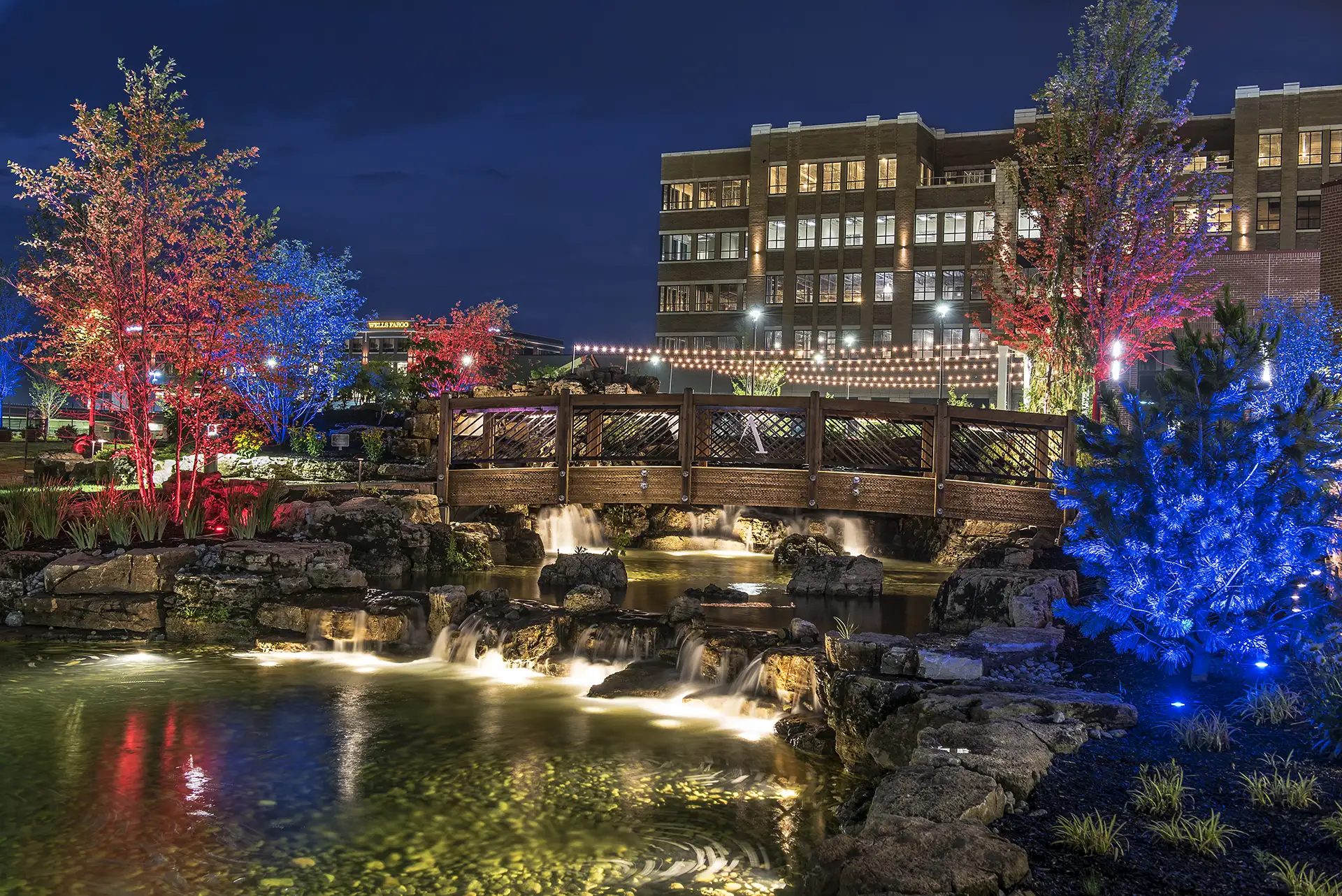 The Park at Austin Landing image 9 bridge waterfall commercial outdoor lighting Lighthouse Design Studio Miamisburg OH