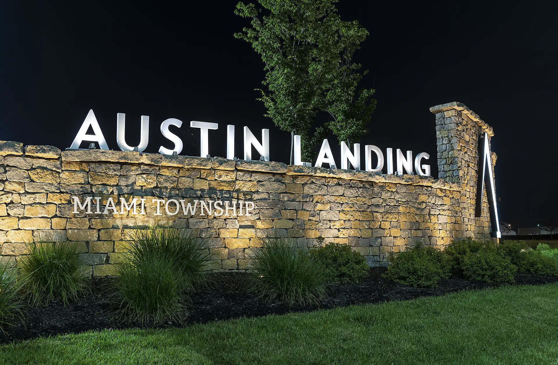 Austin Landing image 8 signage angled landscape commercial outdoor lighting Lighthouse Design Studio Miamisburg OH