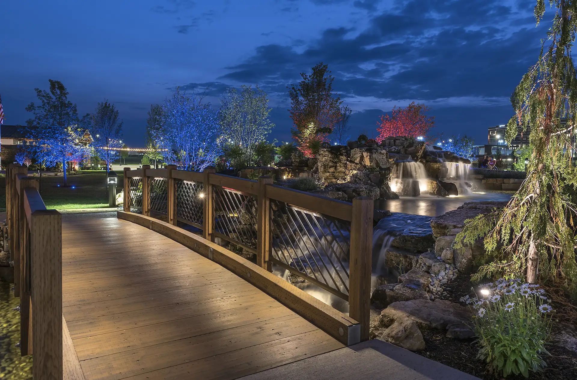 The Park at Austin Landing image 5 bridge walkway path waterfall commercial outdoor lighting Lighthouse Design Studio Miamisburg OH