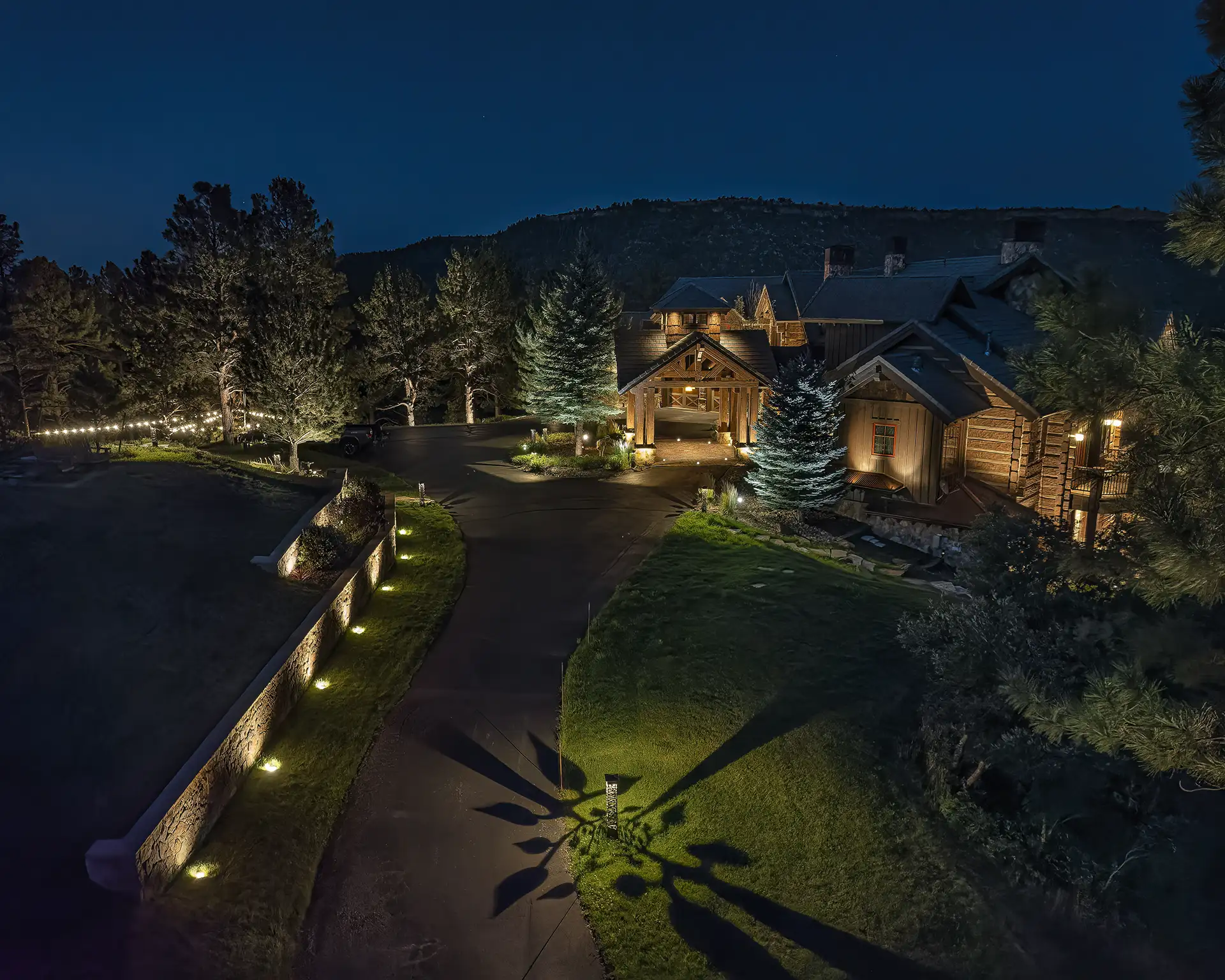 Bear Dance image 14 driveway drone shot with bollard lights Lighthouse Outdoor Lighting and Audio Denver CO Colorado