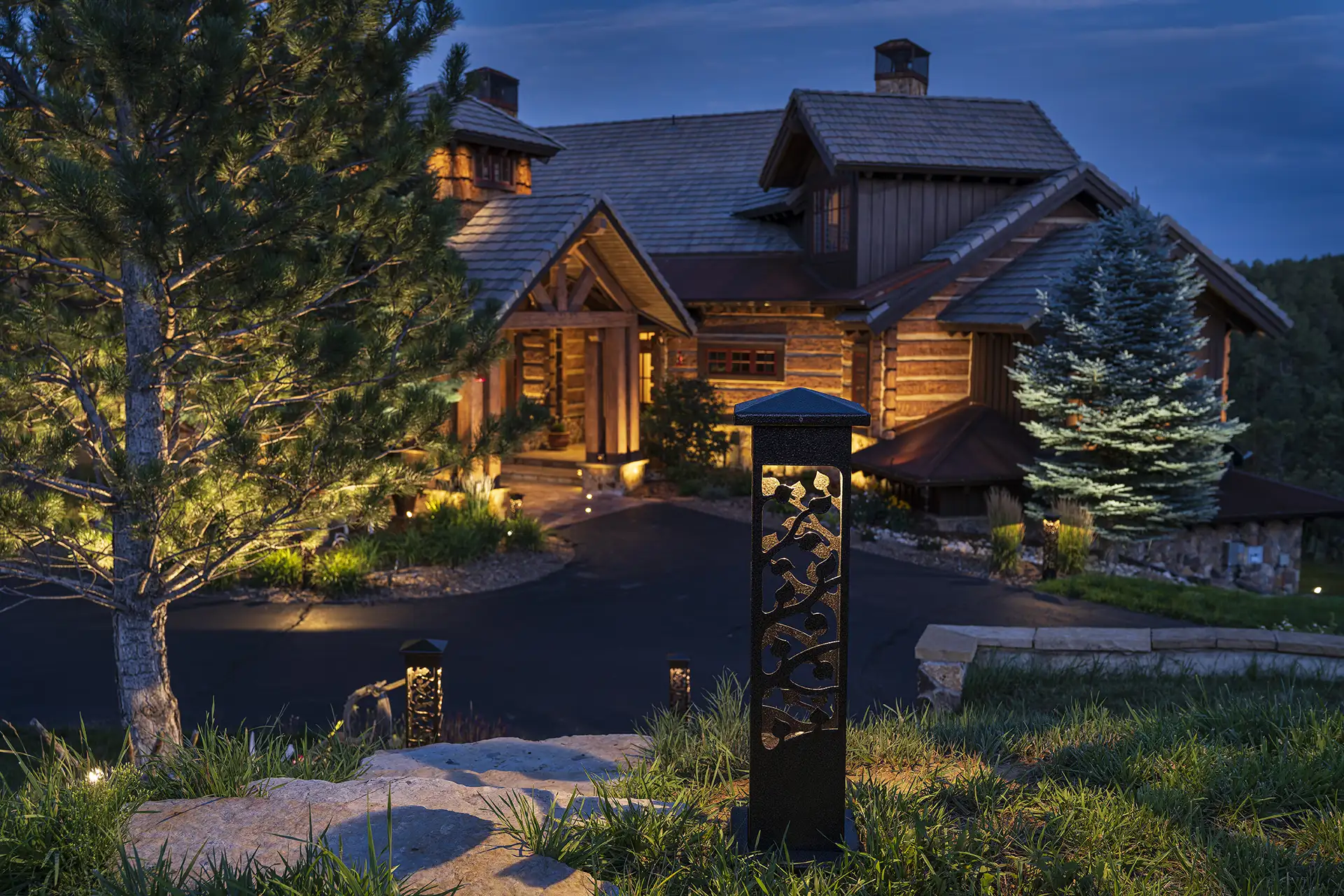 Bear Dance image 5 portico and driveway with bollard lights Lighthouse Outdoor Lighting and Audio Denver CO Colorado