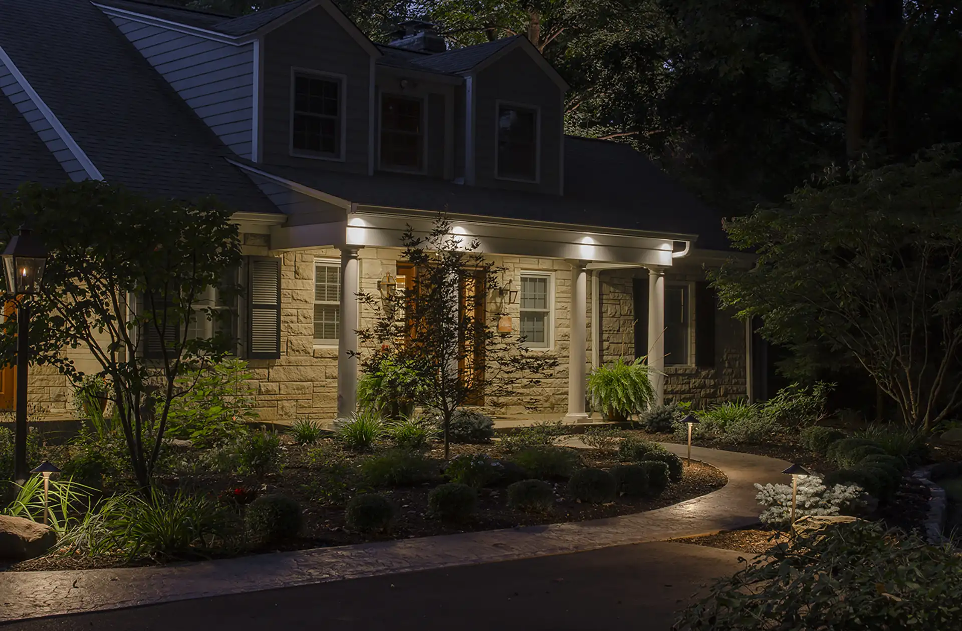 Hahn residence image 7 front entry Lighthouse Outdoor Lighting and Audio Boston MA