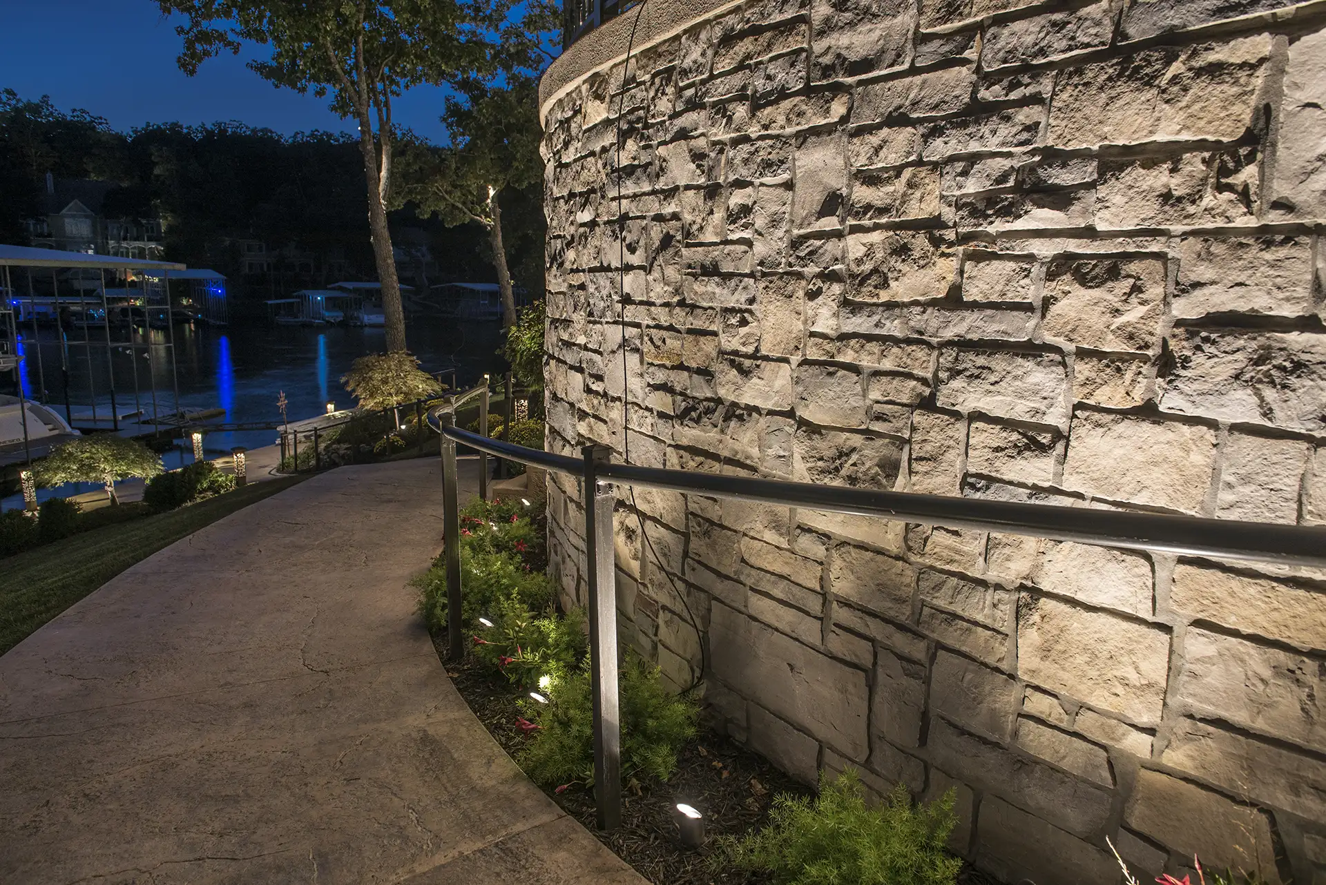 Ozarks lake house image 14 wall and lights along river bank Lighthouse Outdoor Lighting and Audio Central MO Missouri
