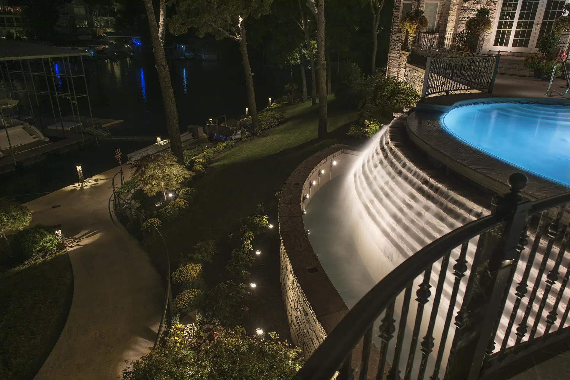 Ozarks lake house image 1 waterfall from above Lighthouse Outdoor Lighting and Audio Central MO Missouri