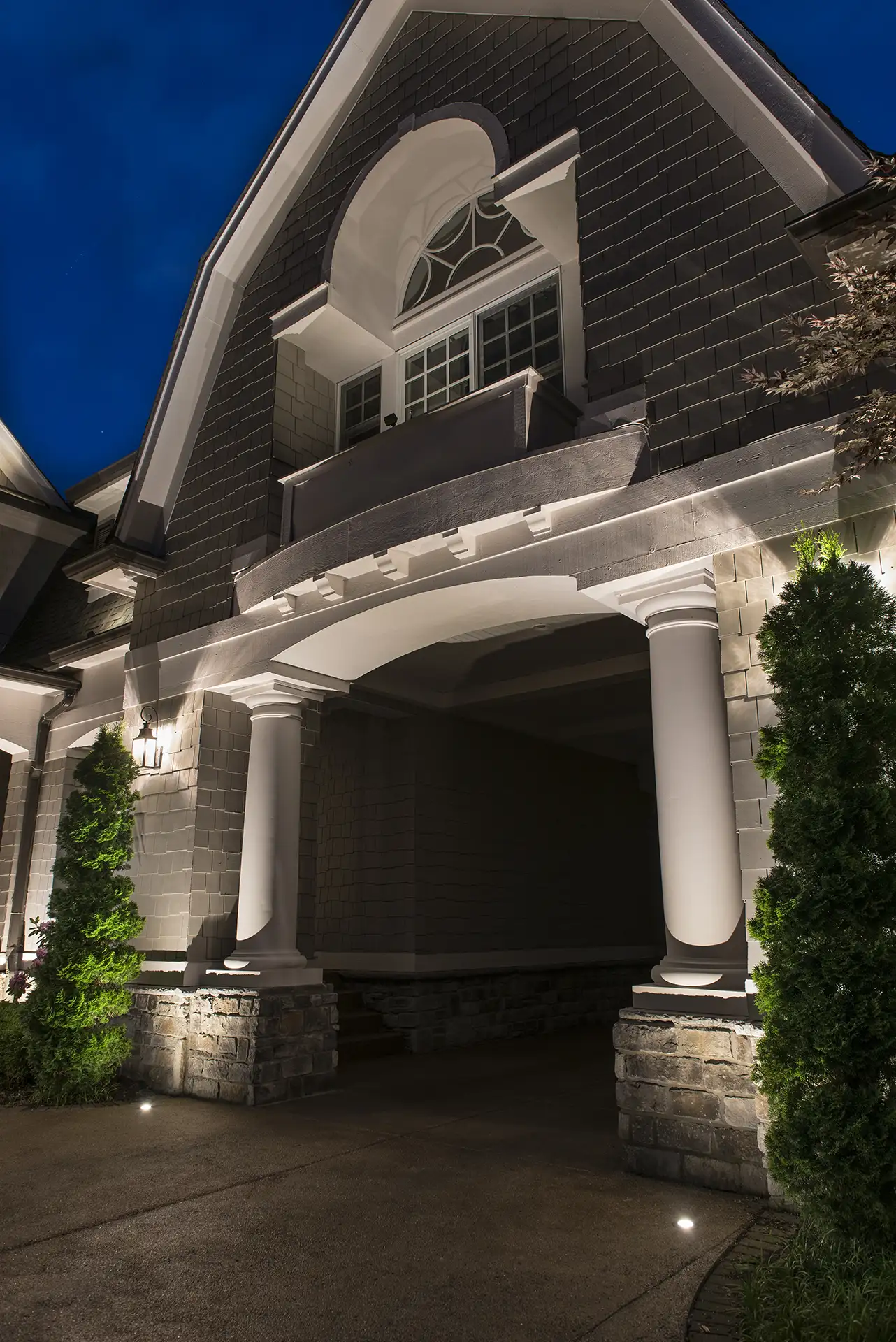 Weinberger residence image 8 column detail and in-ground lights Lighthouse Outdoor Lighting and Audio Indianapolis, IN