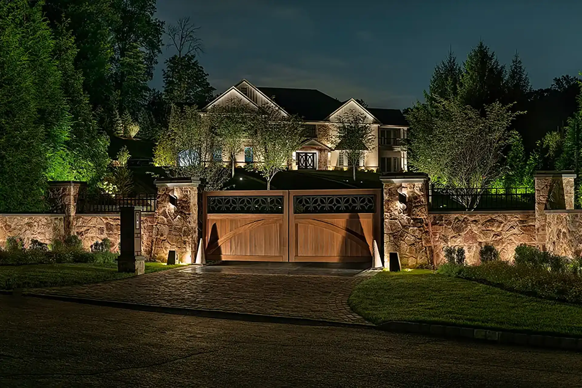 Blair residence image 9 front entrance gate Lighthouse Outdoor Lighting and Audio Northern New Jersey