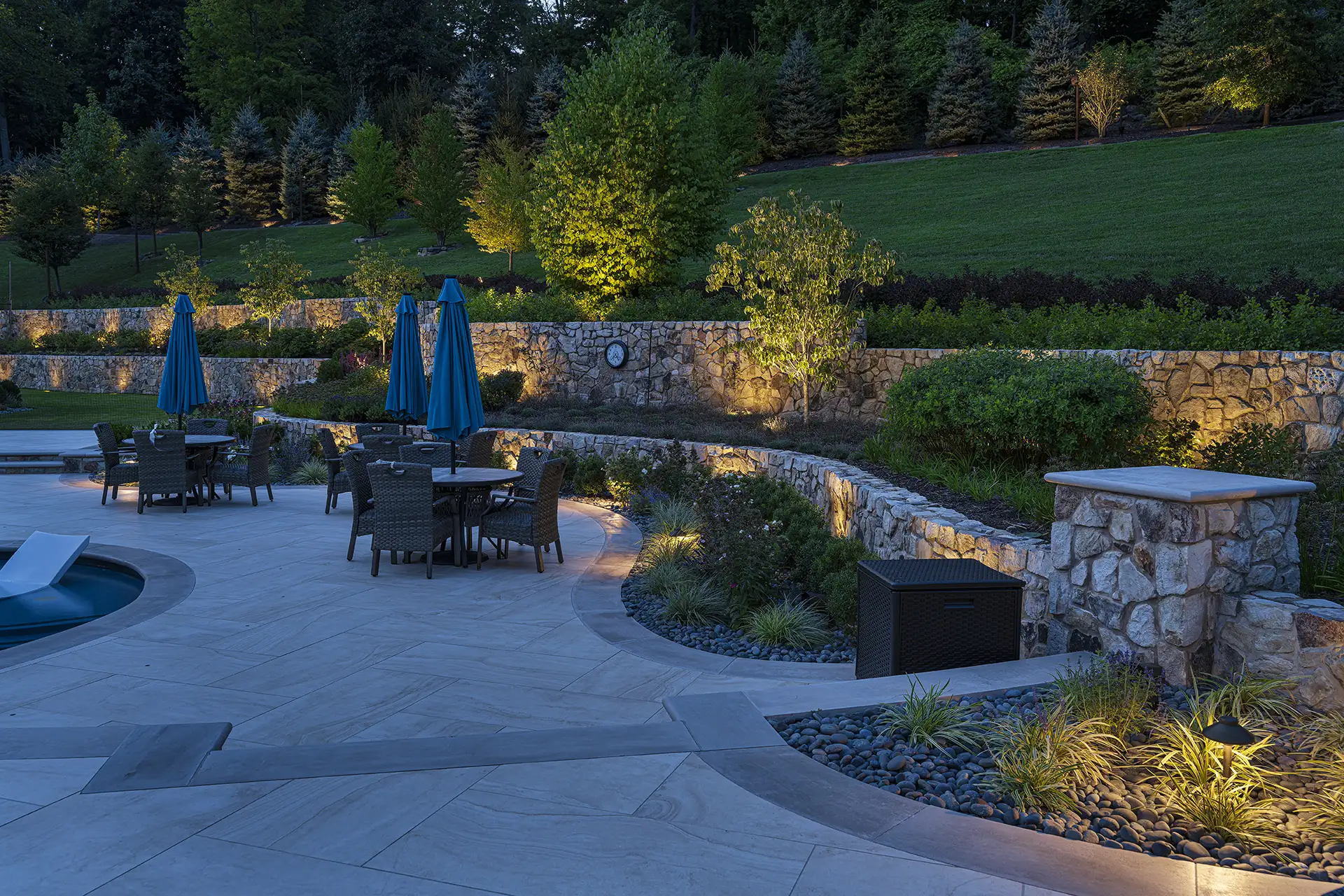 Blair residence image 5 landscape terrace walls seating area Lighthouse Outdoor Lighting and Audio Northern New Jersey