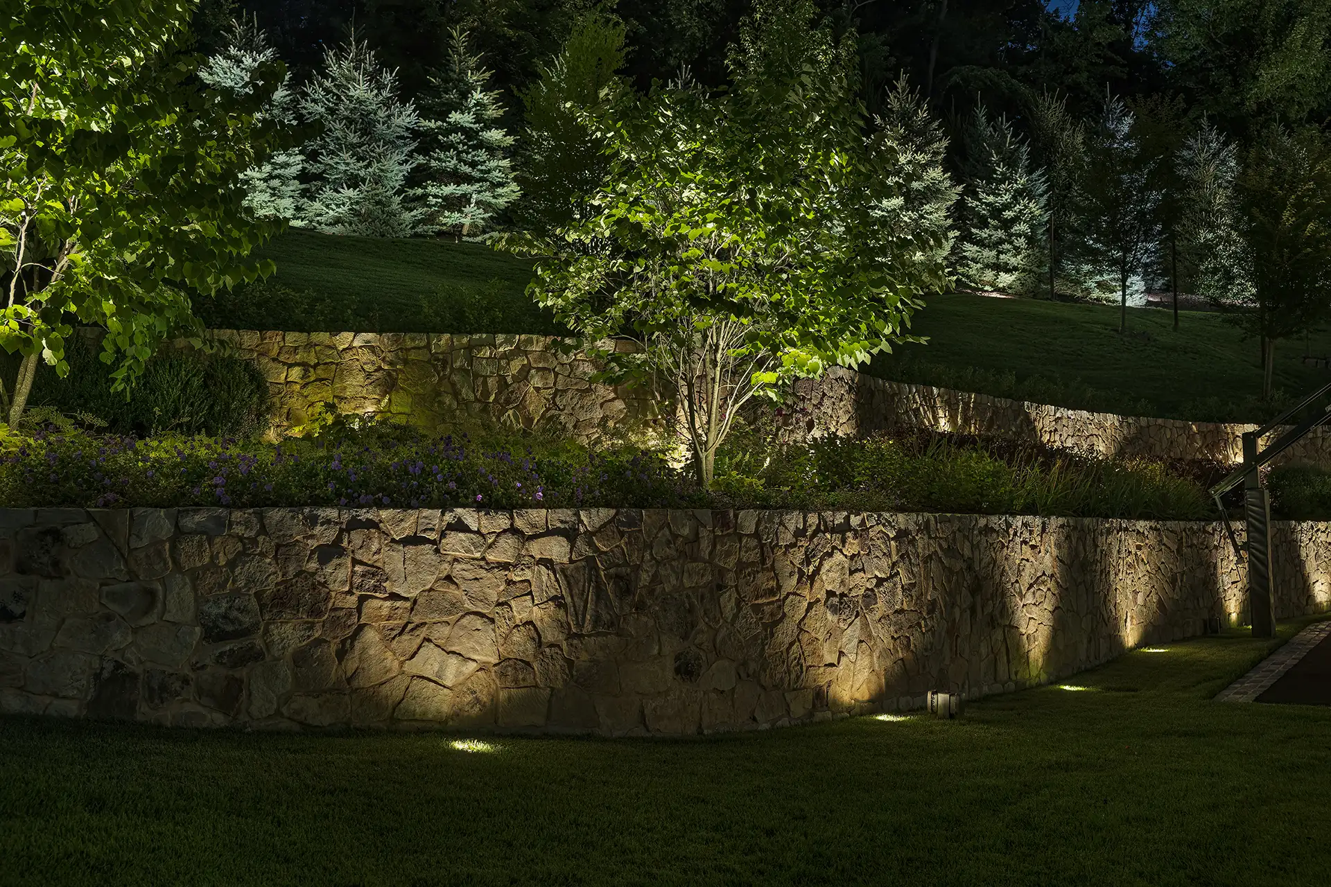 Blair residence image 2 landscape tree terrace walls Lighthouse Outdoor Lighting and Audio Northern New Jersey