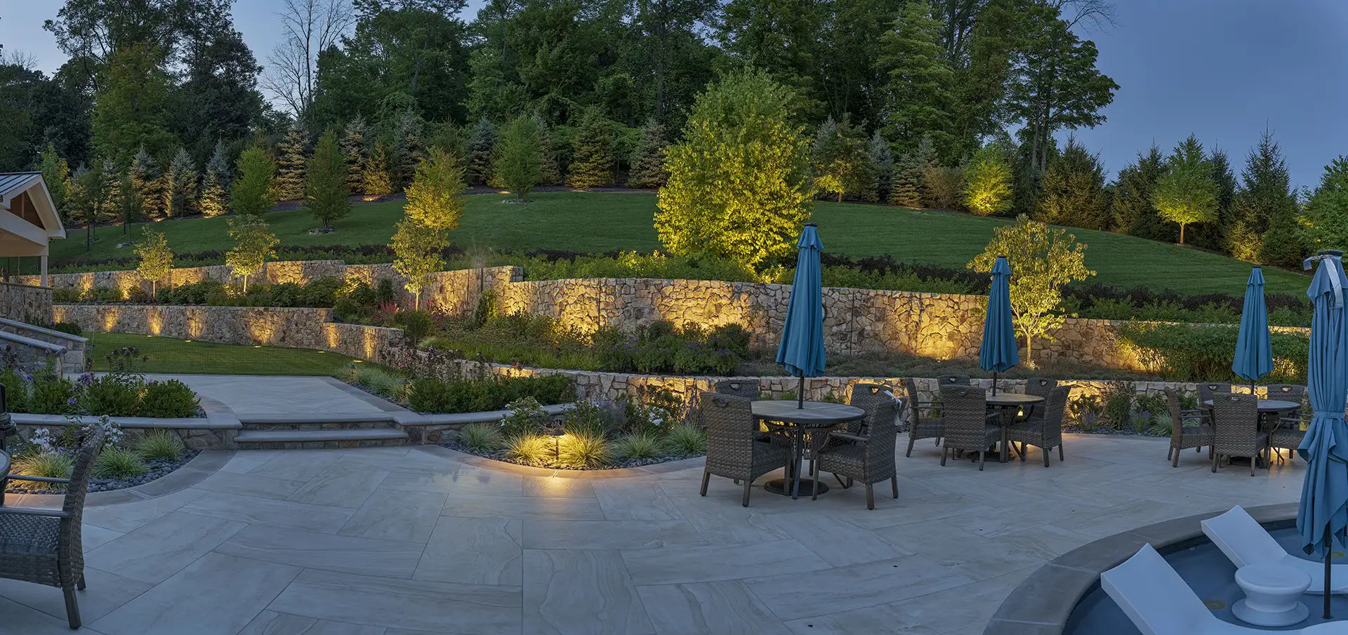Blair residence image 6 landscape terrace walls seating area Lighthouse Outdoor Lighting and Audio Northern New Jersey