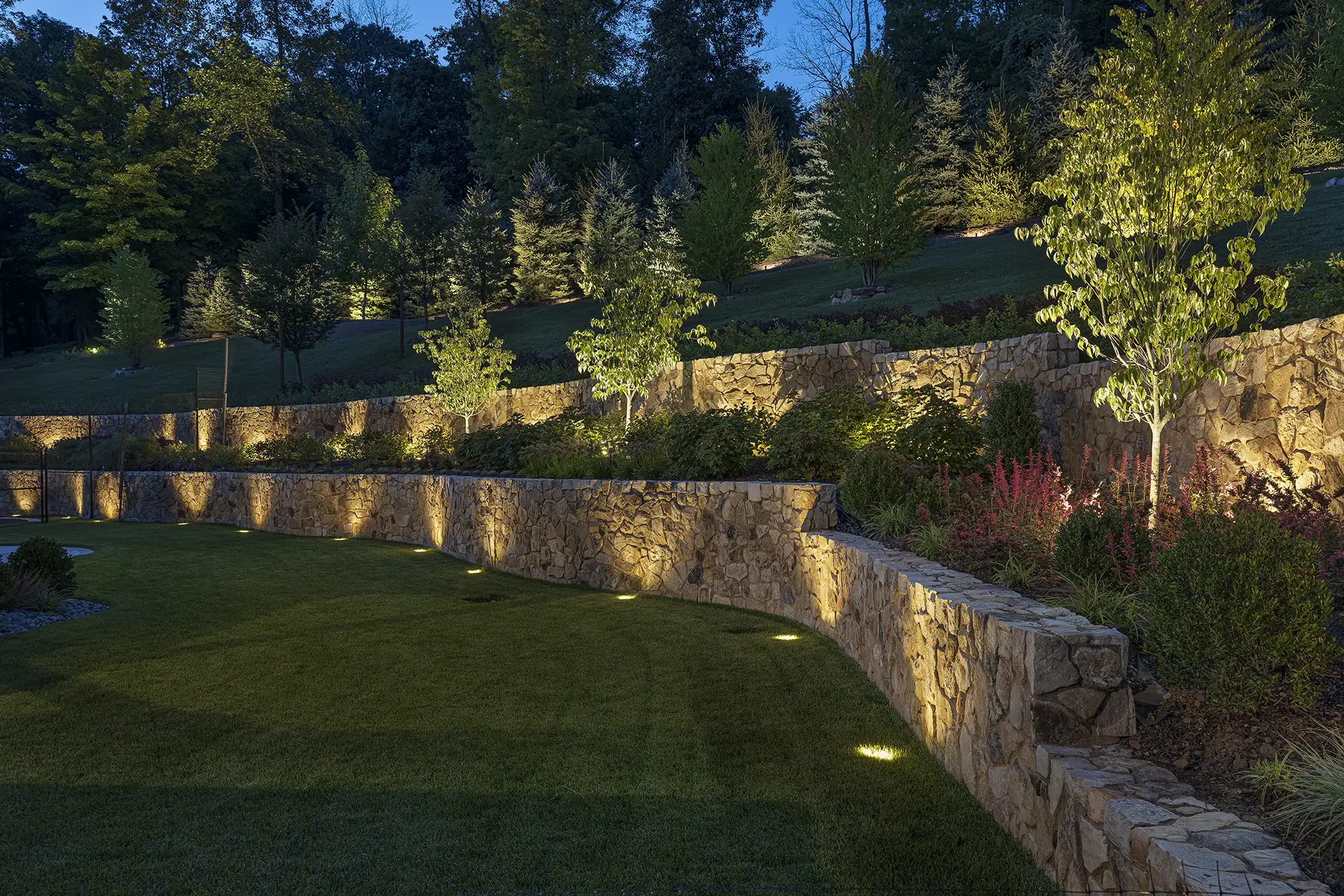 Blair residence image 1 landscape tree terrace walls Lighthouse Outdoor Lighting and Audio Northern New Jersey
