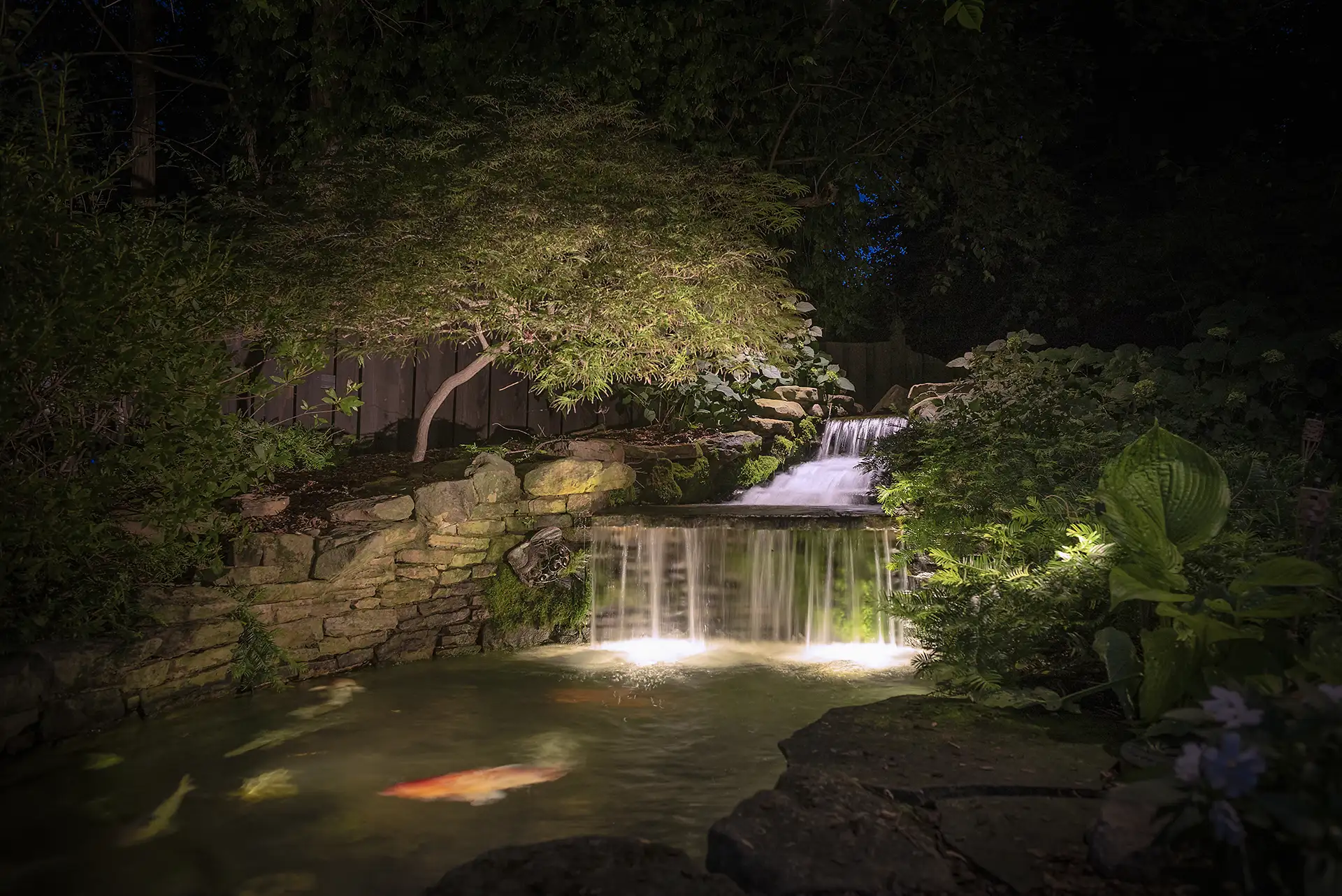 Bodell residence image 5 landscape waterfall Lighthouse Outdoor Lighting and Audio Nashville TN