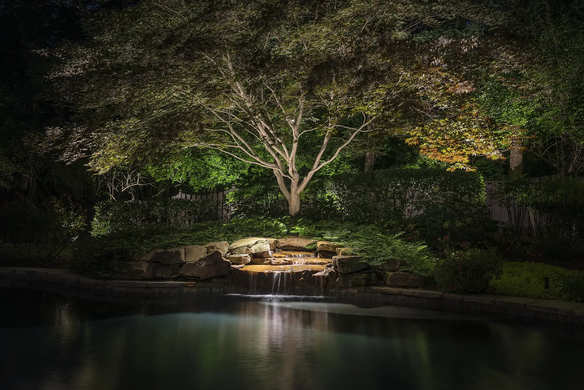 Bodell residence image 3 landscape waterfall tree Lighthouse Outdoor Lighting and Audio Nashville TN