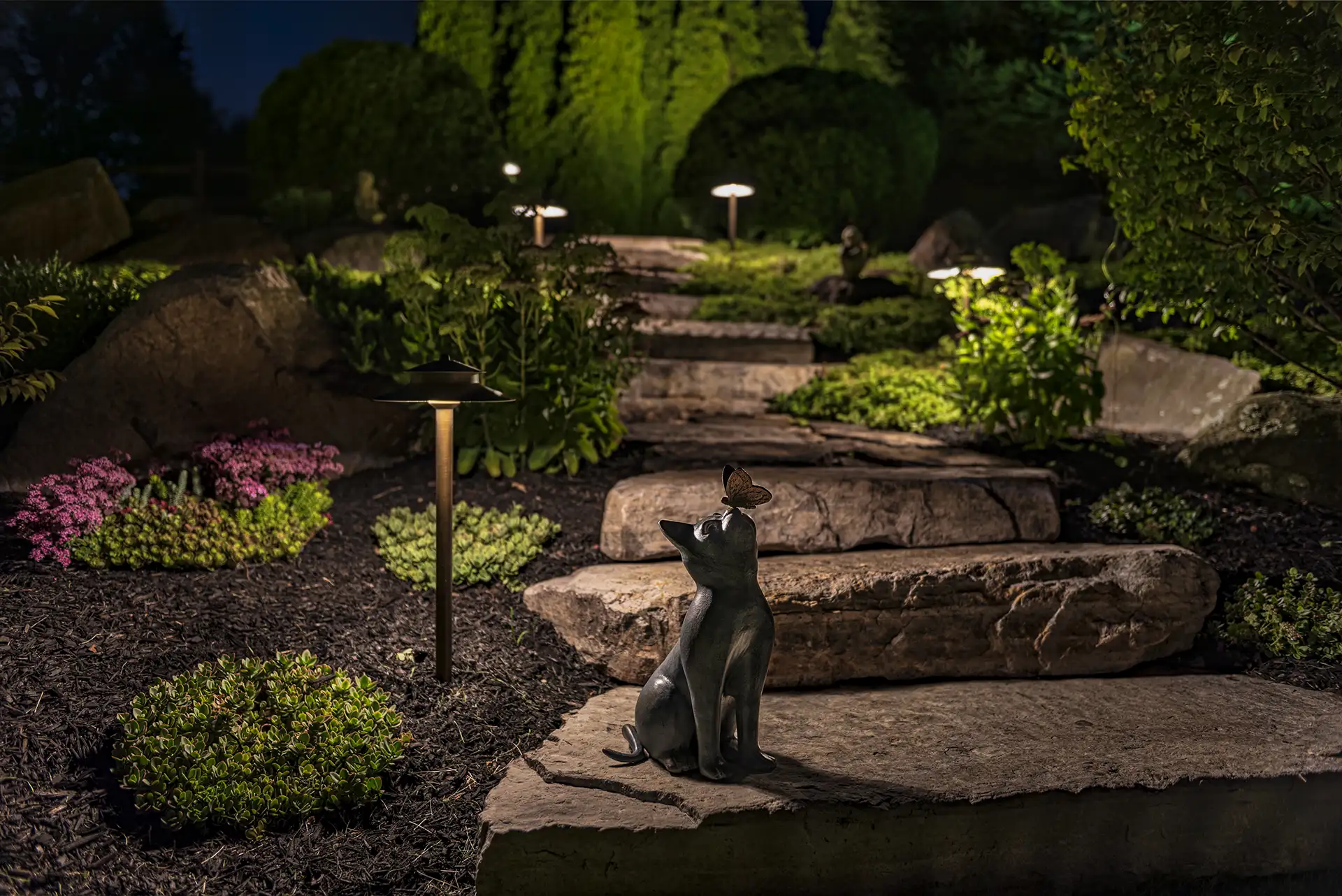 Cherry Tree Lane image 6 cat statuary path lighting Lighthouse Outdoor Lighting and Audio West Chester PA