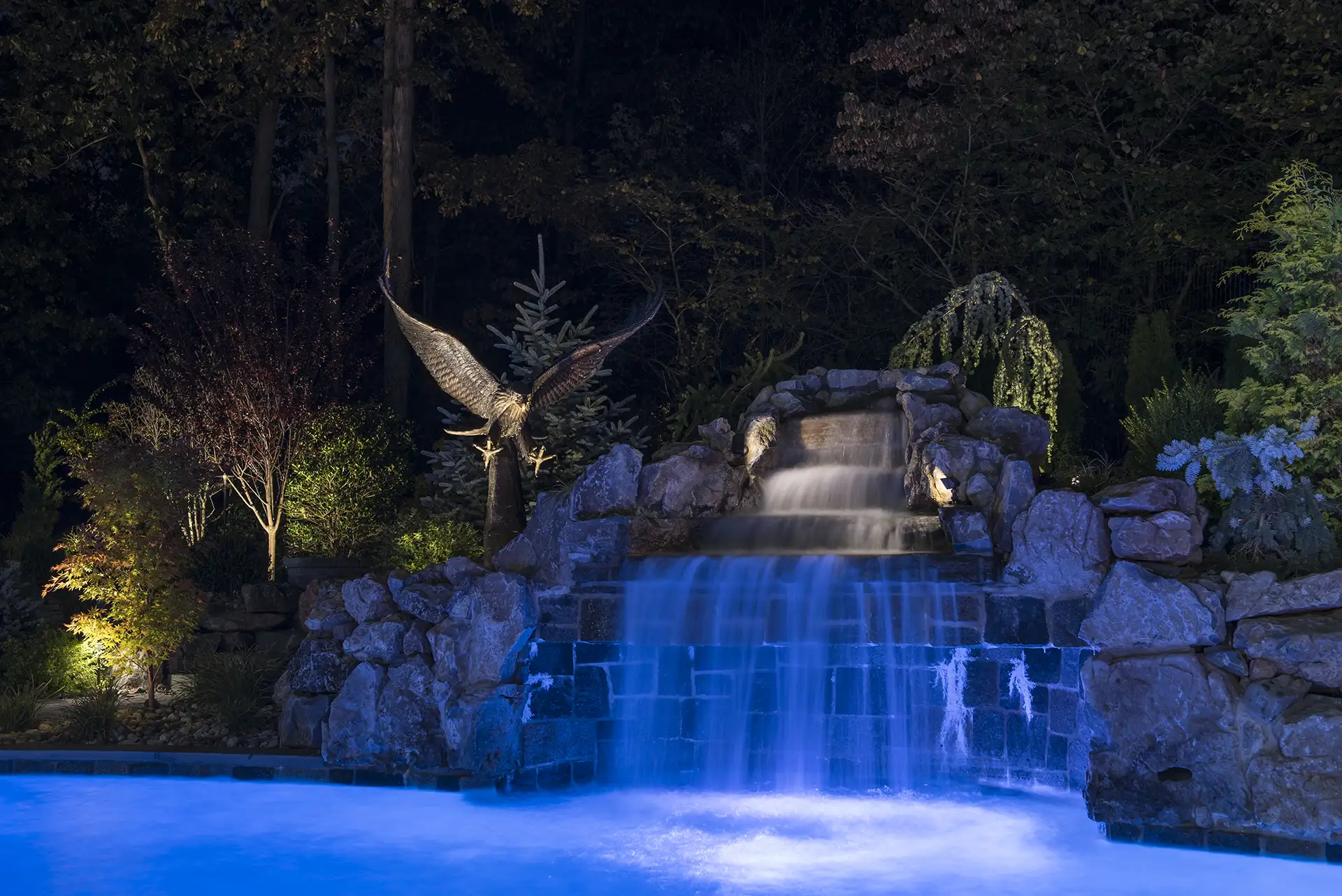 Corradino residence image 10 pool statuary waterfall Lighthouse Outdoor Lighting and Audio Northern New Jersey