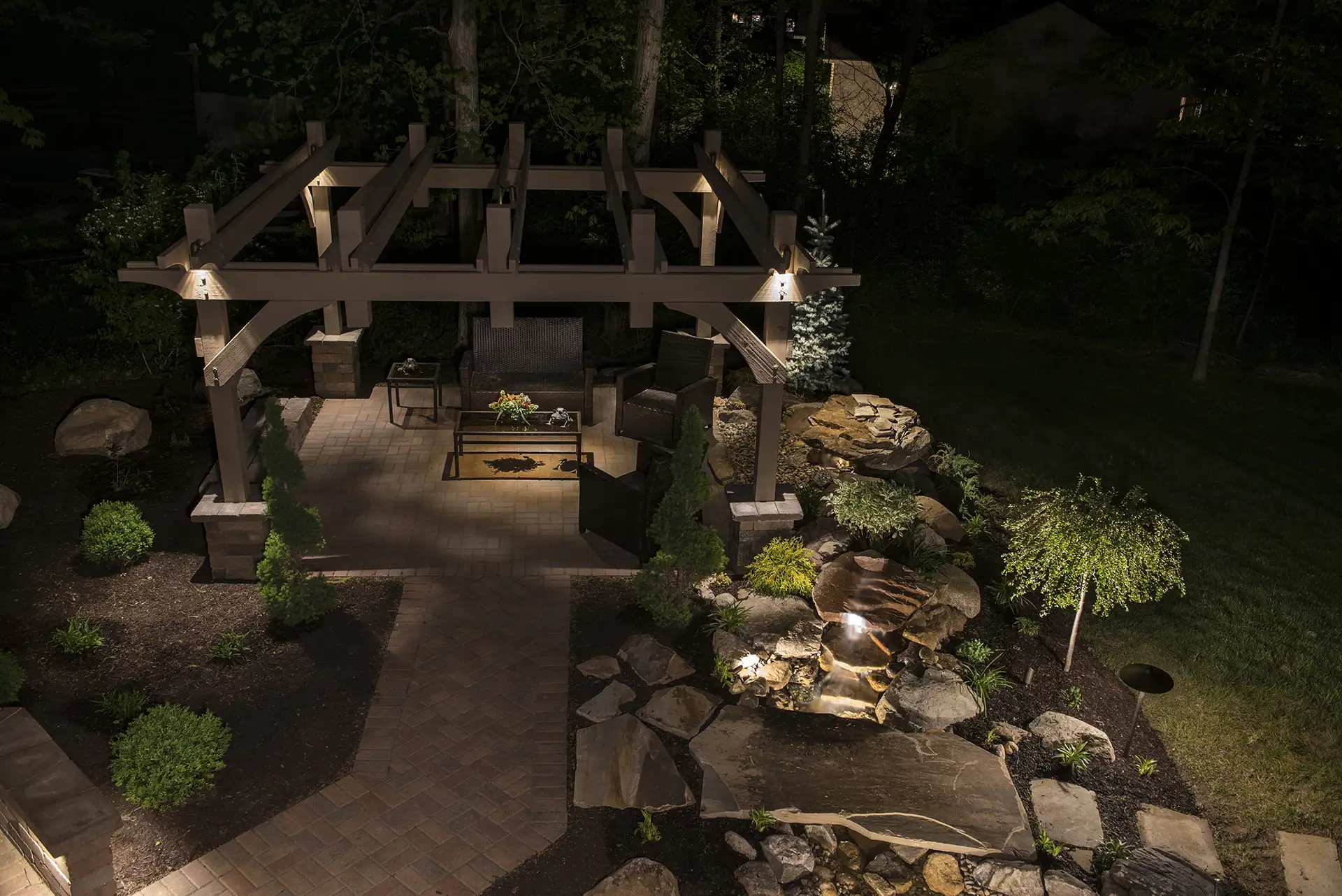 Darnell Dr image 3 pergola patio seating area landscape from above Lighthouse Outdoor Lighting and Audio Delaware