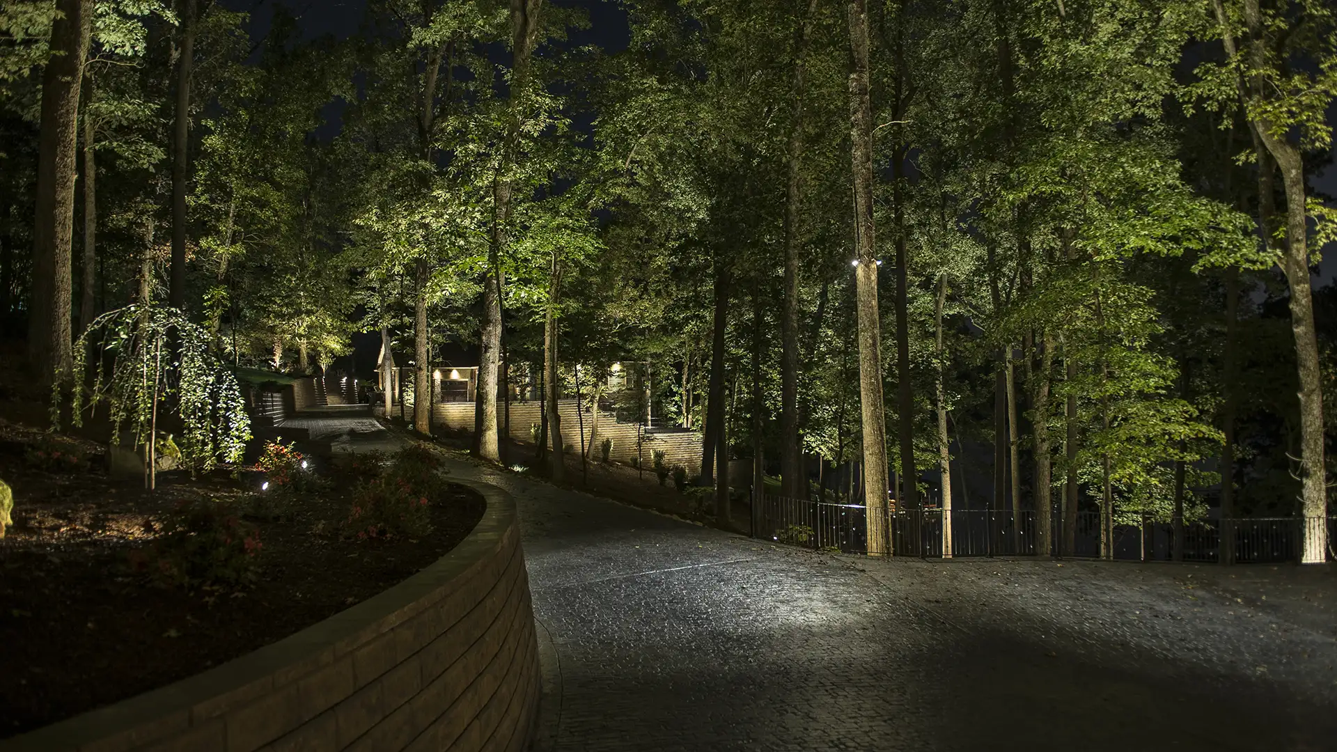 Farmer residence image 6 driveway garage trees landscape wall Lighthouse Outdoor Lighting and Audio Knoxville TN