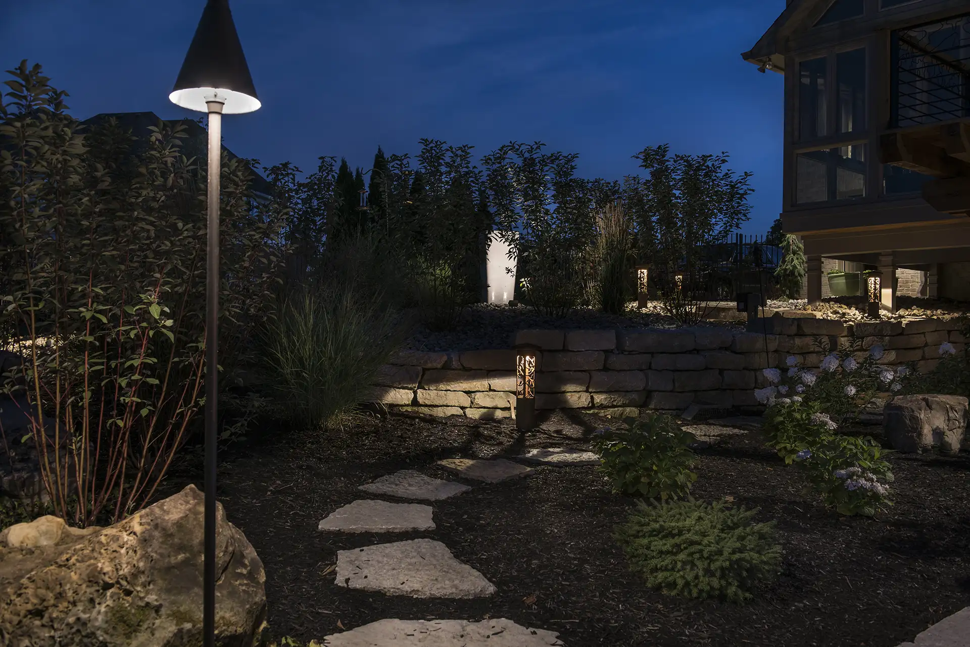Fuson residence image 7 fountain walkway path Lighthouse Outdoor Lighting and Audio Delaware