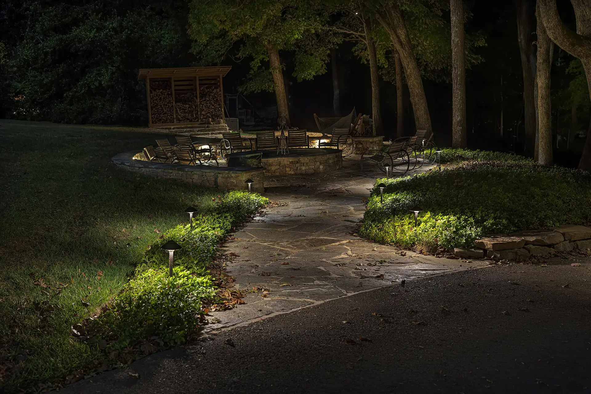 Killarney Rd image 4 fire pit path seating area Lighthouse Outdoor Lighting and Audio Knoxville TN