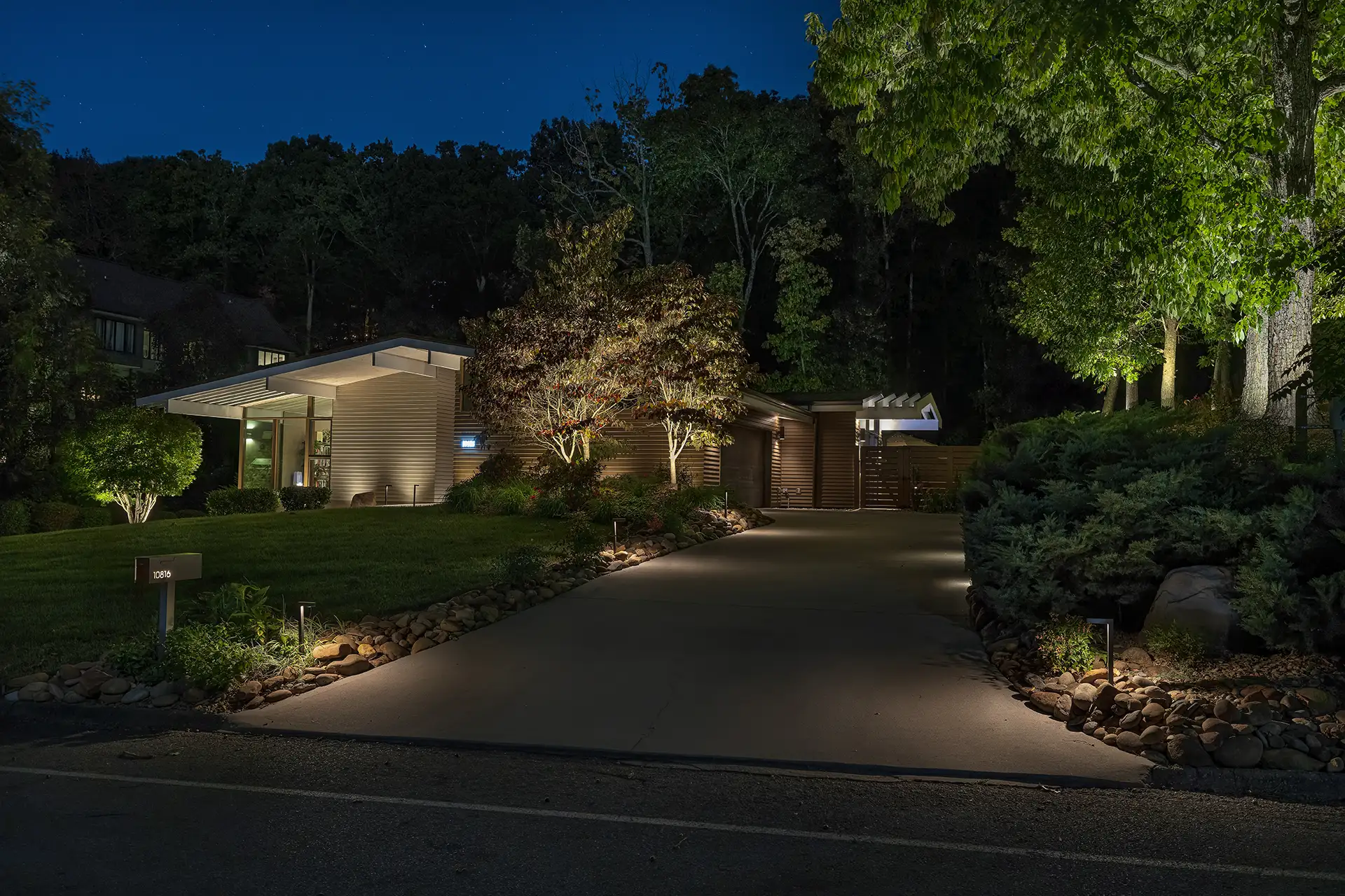 Mid century image 12 driveway front entrance Lighthouse Outdoor Lighting and Audio Knoxville TN