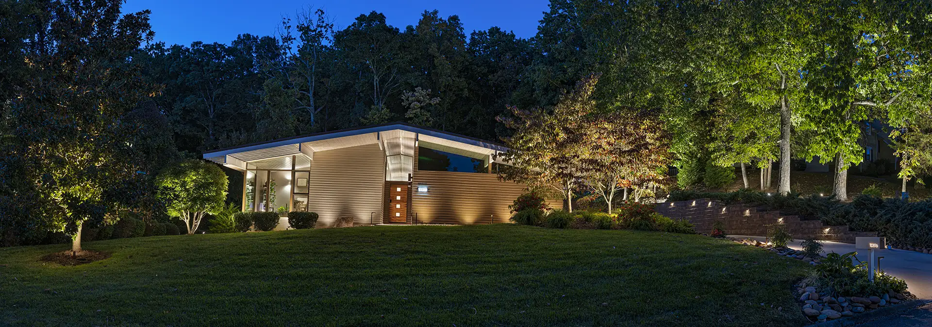 Mid century image 10 front of house landscape Lighthouse Outdoor Lighting and Audio Knoxville TN