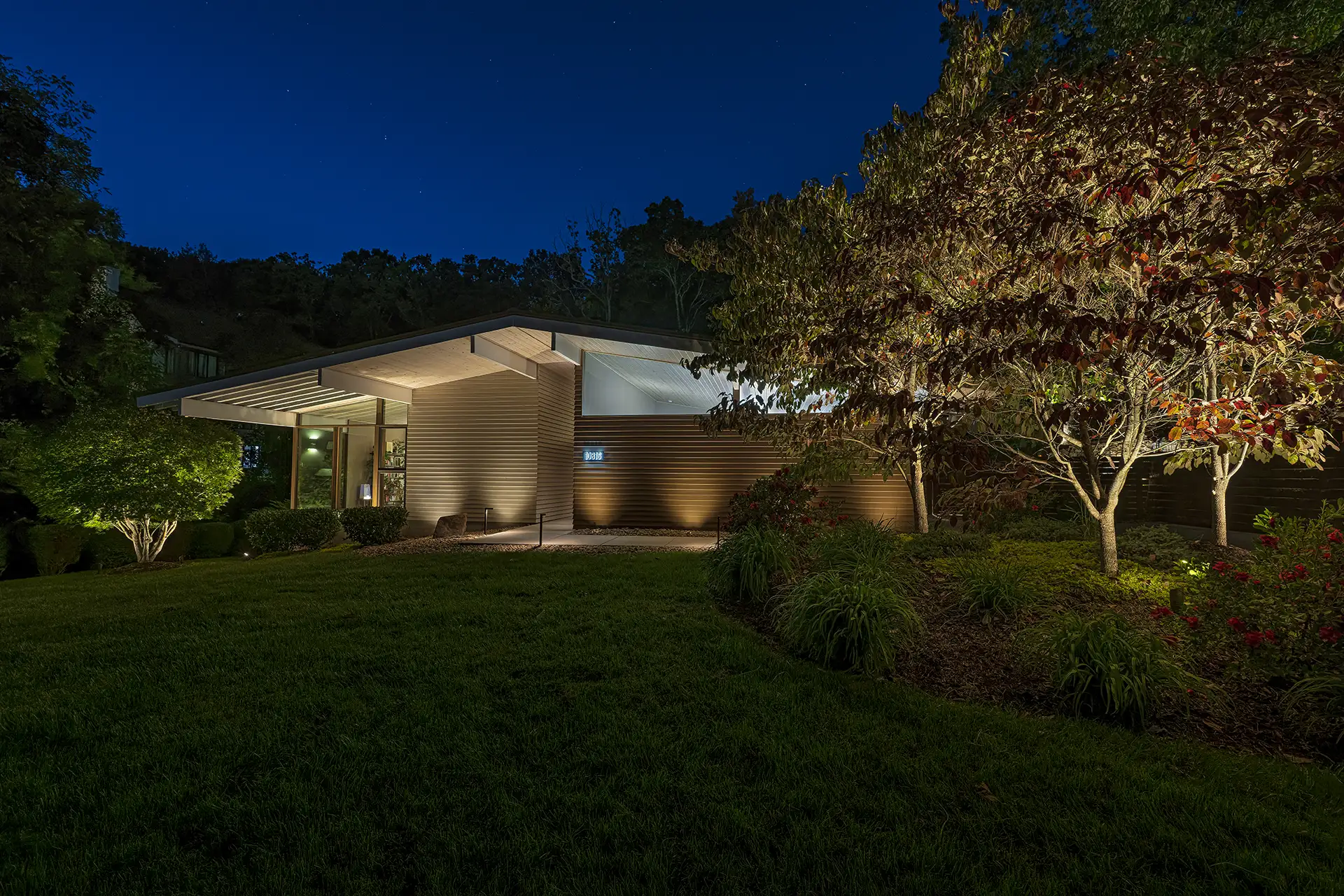 Mid century image 6 front of house trees landscape Lighthouse Outdoor Lighting and Audio Knoxville TN