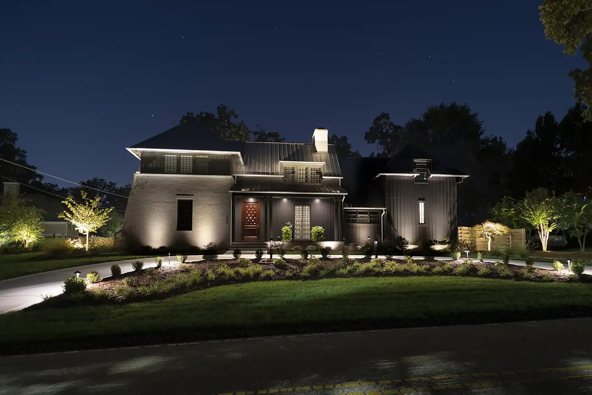 Raleigh Contemporary image 1 front view Lighthouse Outdoor Lighting and Audio Greensboro NC