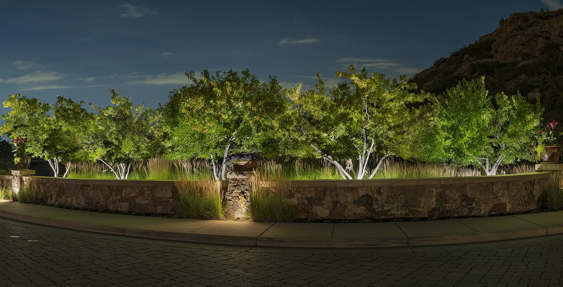 Ravenna image 3 landscaping trees wall Lighthouse Outdoor Lighting and Audio Denver CO