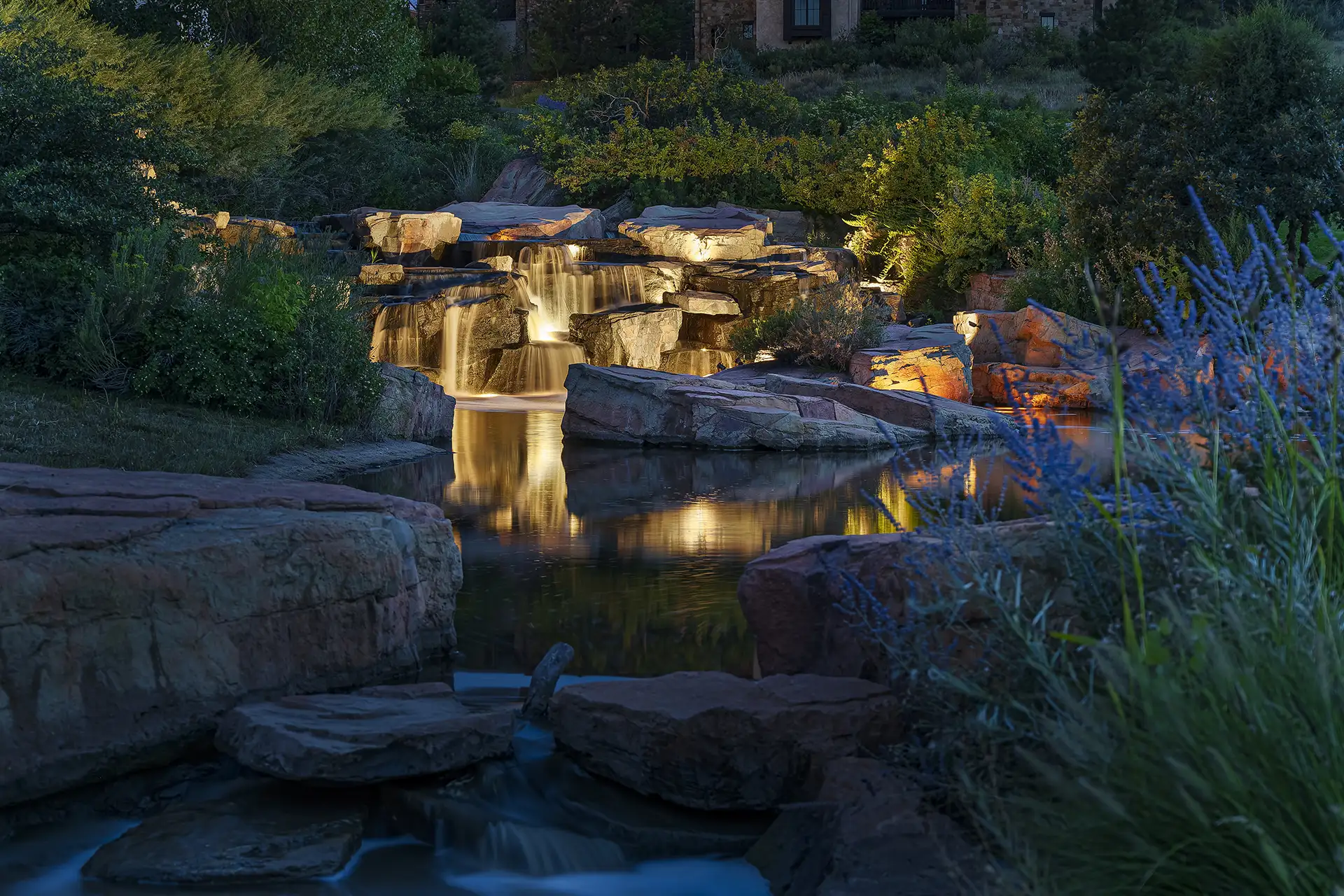 Ravenna image 2 waterfall landscaping Lighthouse Outdoor Lighting and Audio Denver CO