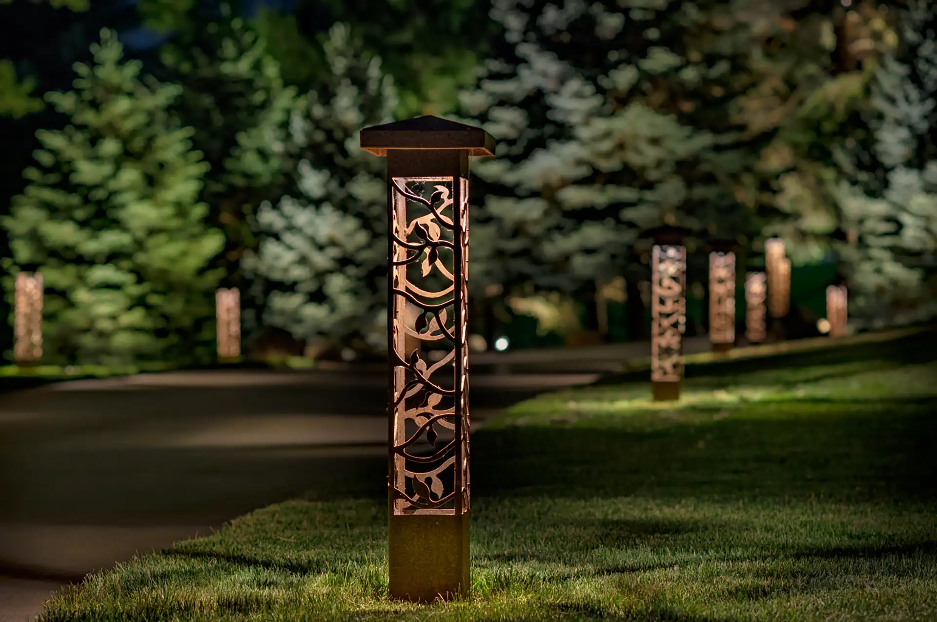 Ryan residence image 2 leaf bollards driveway Lighthouse Outdoor Lighting and Audio Des Moines IA
