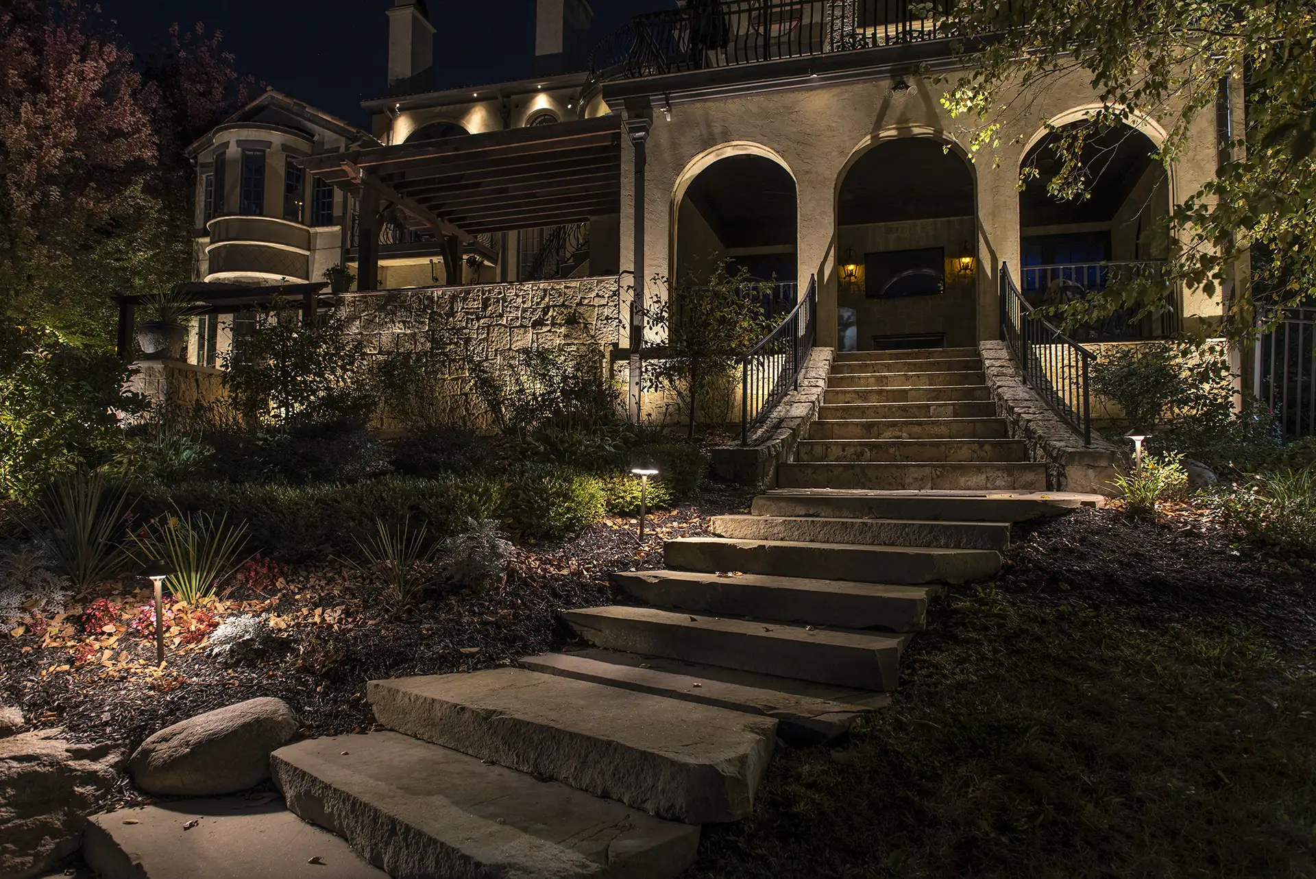 Snead residence image 8 rear view stairs angled landscape Lighthouse Outdoor Lighting and Audio Indianapolis IN