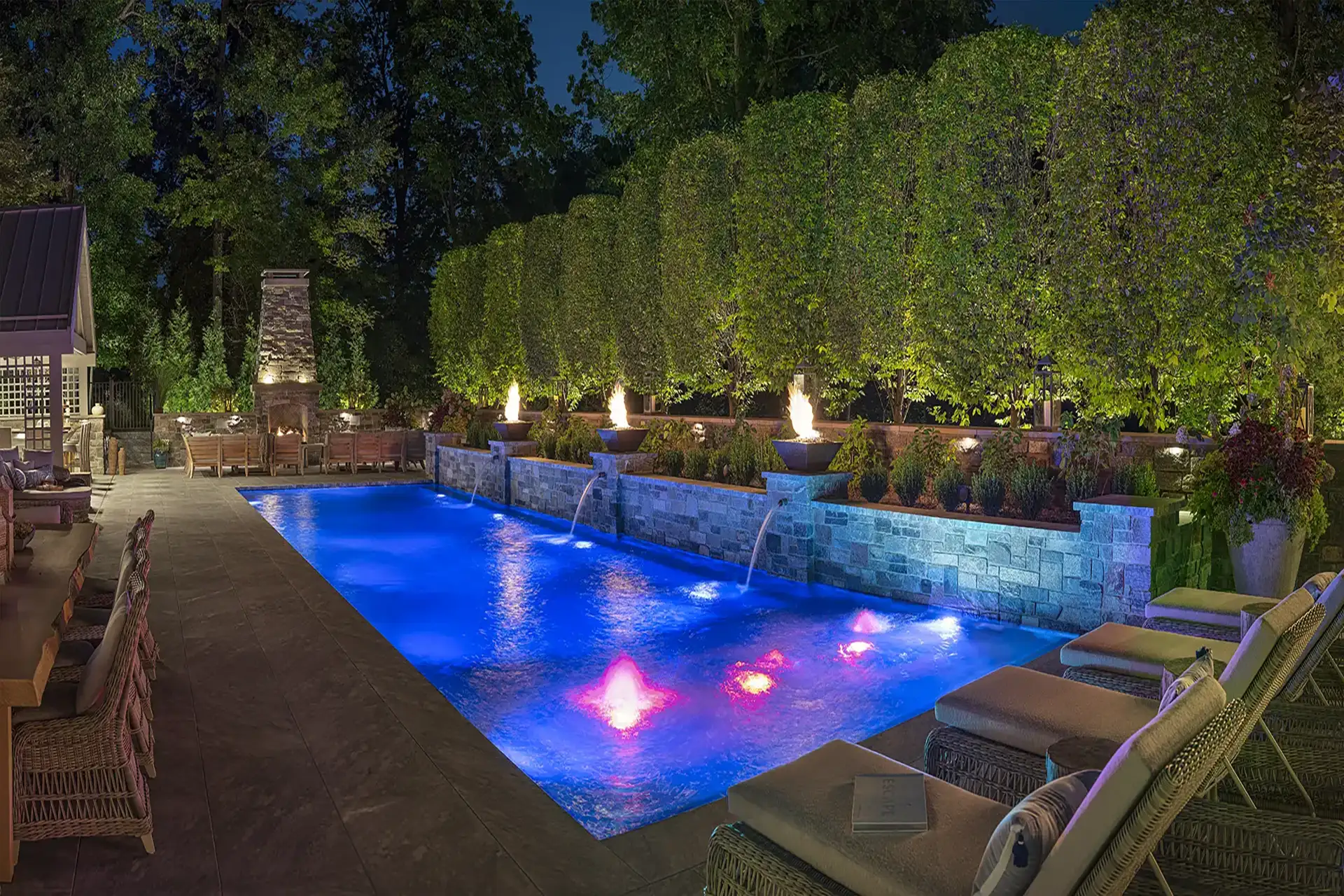 Spaas residence image 2 pool seating area Lighthouse Outdoor Lighting and Audio Northern New Jersey